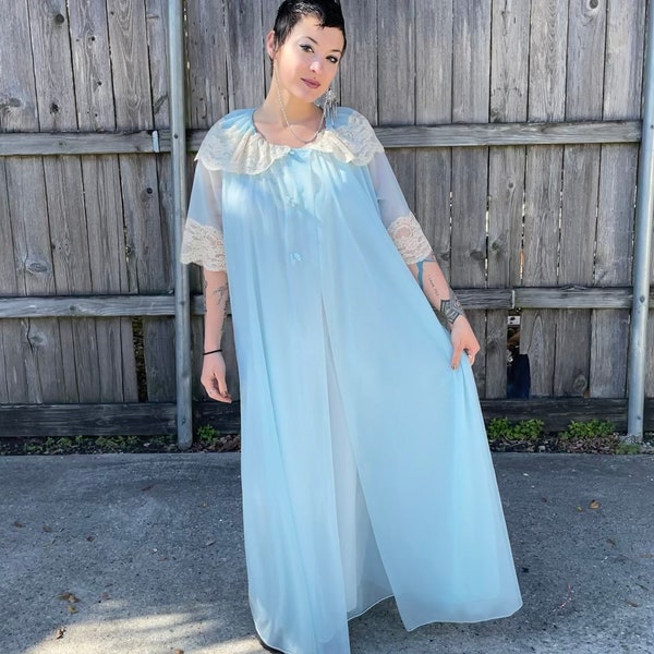 Vintage Peignoir Set by Gotham / 1960s Full Length Nightgown and Robe / Vintage Lingerie / Vintage Nightgown / Powder Blue Baby Blue Lace