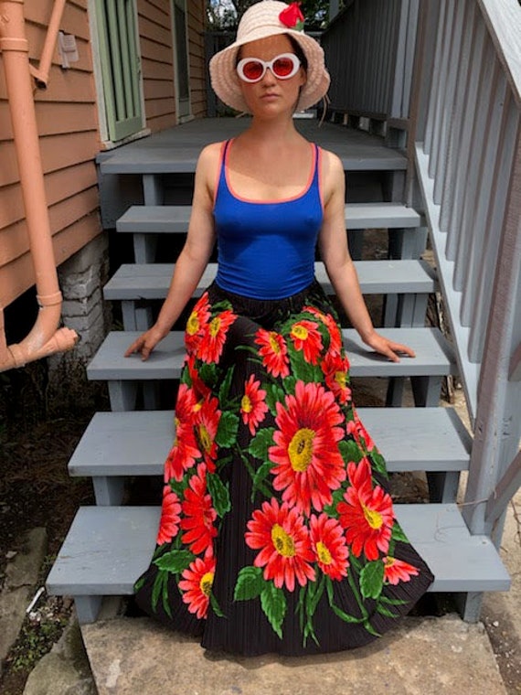 1970s Psychedelic Bohemian Floral Maxi Skirt