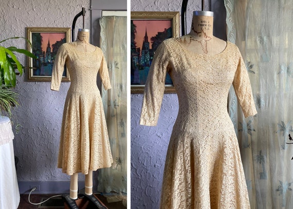 50s Cream Lace Drop Waist Dress / 1950s A Line Co… - image 1