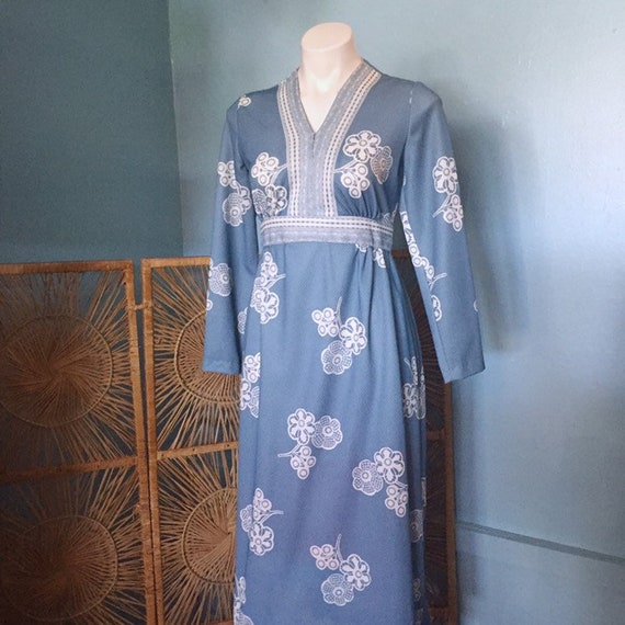 60s boho dress 1960s Lady Carol Boho Hostess Dress Blue and White Caftan / 60s 70s Boho  Dress / Vintage Midi Dress / Midcentury Hippie Mod