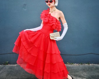 1960s Red One Shoulder Gown with Ruffles by Mike Benet Formals / Vintage Evening Gown / Vintage Ball Gown / 60s 70s Vintage Dress / Tiered