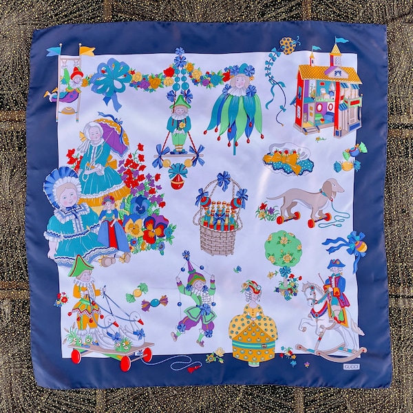 Vintage Gucci Silk Scarf / Designer Silk Twill Foulard / Novelty Print / Rare Collectible Gucci Scarf / Nutcracker Christmas Toys