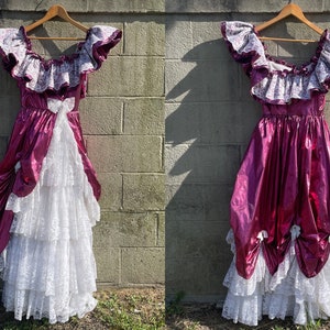 Loralie Originals Pink Princess Dress / 70s 80s Vintage Gown / Metallic Fuchsia Pink / White Lace Ruffle / Victorian Southern Belle Bo Peep image 7