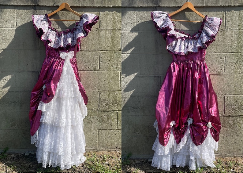 Loralie Originals Pink Princess Dress / 70s 80s Vintage Gown / Metallic Fuchsia Pink / White Lace Ruffle / Victorian Southern Belle Bo Peep image 7