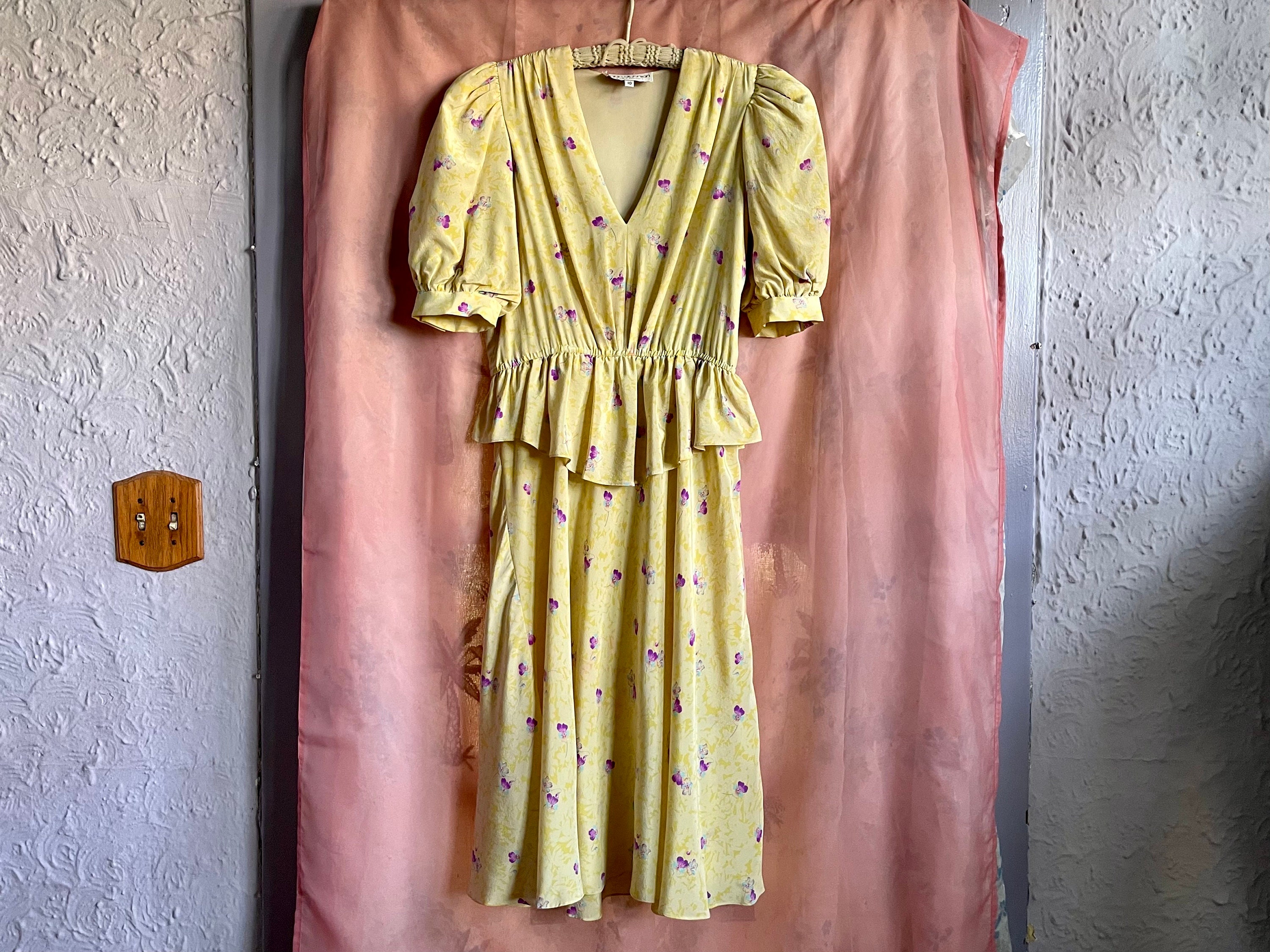 80s Pastel Floral Silk Dress / 1980s Pale Yellow Puff Sleeve Peplum Dress /  Vintage Easter Dress Large / Dainty Flower Print Spring Cocktail - Etsy