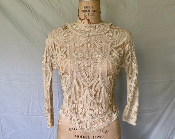 Antique Lace Blouse / Victorian Lace Blouse / 1900s 1910s Clothing / Battenburg Lace / Cream Beige Lace / Antique Clothing/ Edwardian Blouse