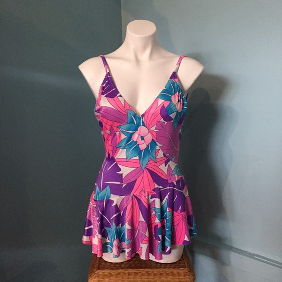 1980s Tropical Floral One Piece Swimsuit with Atta
