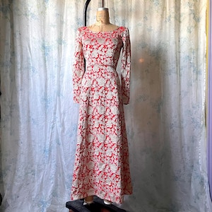 May include: A long-sleeved, red dress with a white floral pattern. The dress has a fitted bodice and a flowing skirt.