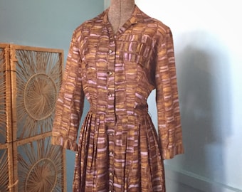 50s Syd Chicago Silk Shirt Dress with Rhinestone Buttons / Mod Print / 1950s Vintage Button Front Dress / Brown Atomic Print Dress / Bronze