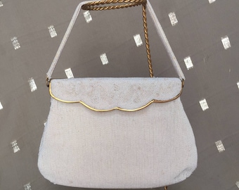 Vintage White Beaded Purse with Gold Hardware Vintage Evening Bag 1950s 1960s Vintage Beaded Bag White and Gold