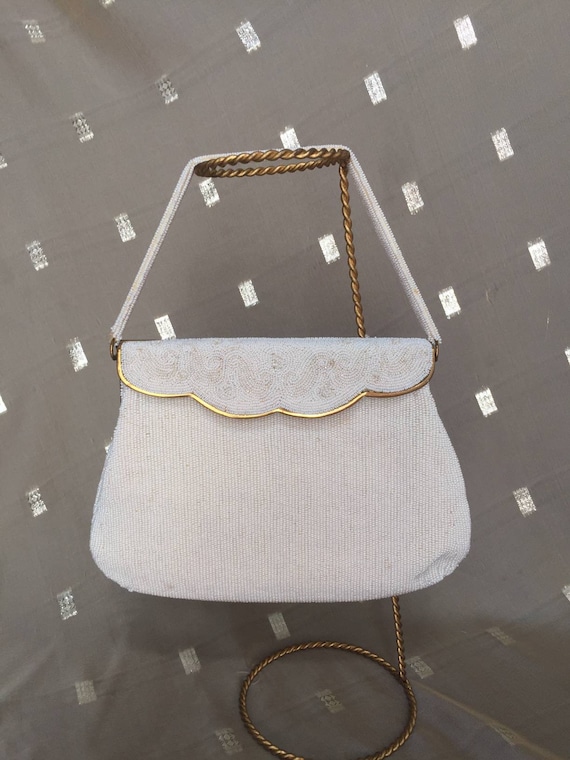 Vintage White Beaded Purse with Gold Hardware Vin… - image 1