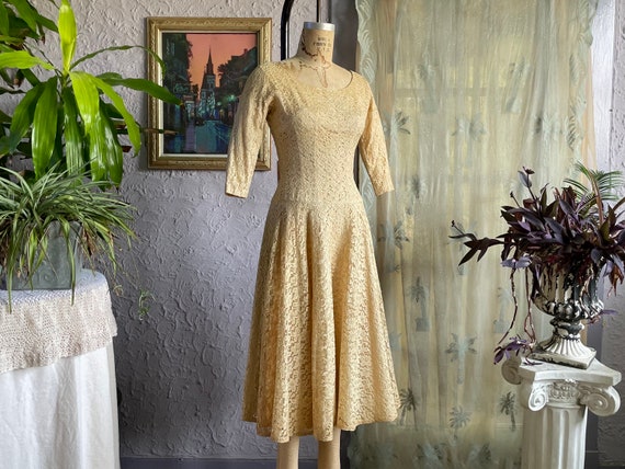 50s Cream Lace Drop Waist Dress / 1950s A Line Co… - image 3
