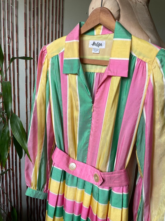 Vintage Pastel Striped Shirt Dress by HELGA / 70s 80s Long Sleeve Day Dress  / Puff Sleeve / Pleats / Pink Green Yellow Stripes / 1950s Style - Etsy