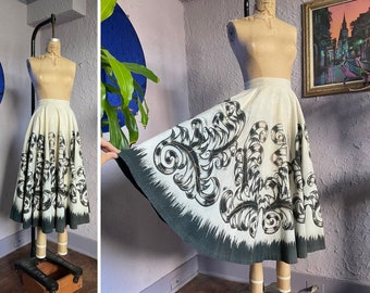 1950s Hand Painted Mexican Circle Skirt / Vintage Patio Skirt / 50s Natural Cotton Full Circle Swing Skirt with Sequins / Maya de Mexico