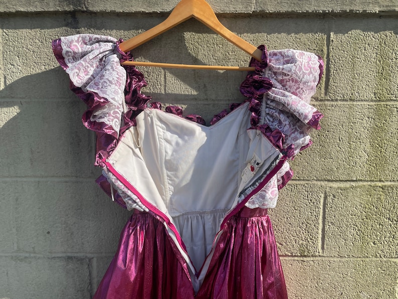 Loralie Originals Pink Princess Dress / 70s 80s Vintage Gown / Metallic Fuchsia Pink / White Lace Ruffle / Victorian Southern Belle Bo Peep image 10