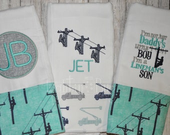 Baby Lineman son / Lineman baby/ Mint Navy Gray / Lineman baby  set of (3) Monogram Burp Rags