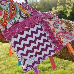 Paisley Baby Tag Blanket / Minky Blanket for Girls in Pink and Purple
