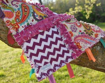 Paisley Baby Tag Blanket / Minky Blanket for Girls in Pink and Purple
