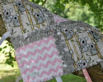 Koala Baby Tag Blanket / Minky Blanket for Girls in Pink and Grey