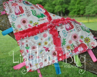 Woodland Baby Tag Blanket / Minky Blanket for Girls in Pink and Green