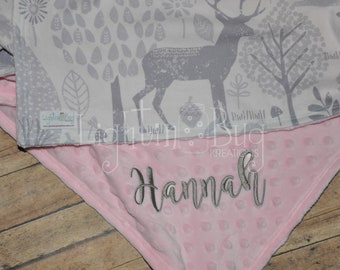 Gray Pink Forest Animal Big Personalized Minky Blanket