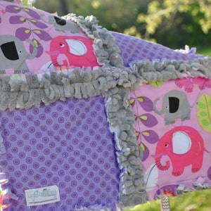 Elephant Baby Tag Blanket / Minky Blanket for Girls in Pink and Purple