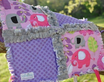 Elephant Baby Tag Blanket / Minky Blanket for Girls in Pink and Purple