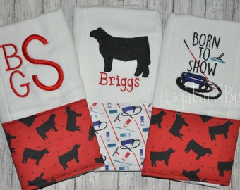 Baby Show Steer / stockshow fitting / Angus Cow / Born To Show  set of (3) Monogram Burp Rags