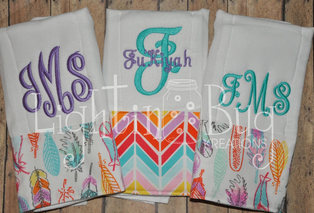 Tribal/feather Set of (3) Monogram Burp Rags - Etsy