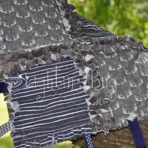 Mint / Navy /  deer Tag Rag Blanket