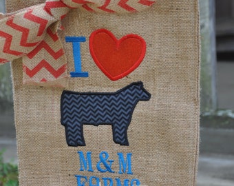 I Love cows/farm Yard/Garden Burlap Flag