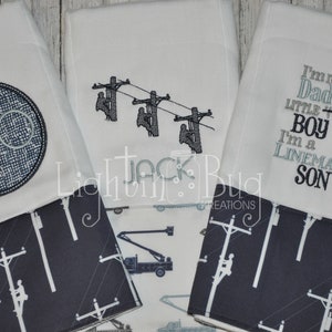 Baby Lineman son / Lineman baby/ Dusty Blue Navy Gray / Lineman baby  set of (3) Monogram Burp Rags