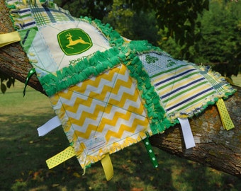 Tractor/Deer Plaid and Yellow Chevron Minky Tag Rag Blanket