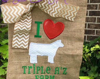 I Love cows/farm Yard/Garden Burlap Flag