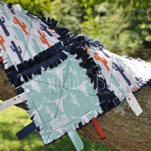 Navy Orange and Mint Cactus Bull Skull Tag Blanket / Minky Blanket for Boy