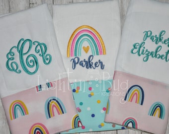 Boho Rainbow Baby Nursery Set of (3) Monogram Burp Rags