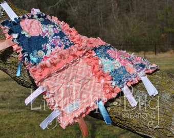 Blue Floral  Baby Tag Blanket / Minky Blanket for Girls in Navy and Coral