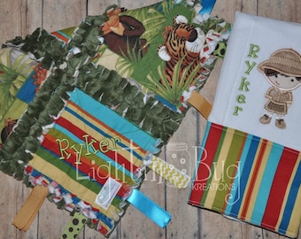 Jungle Animal Baby Tag Blanket / Minky Blanket for Boys in Greens and Reds