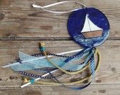 Wall decor SAILING BOAT, blue round fused glass wall hanging, nautical, SUMMERY