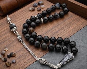 Big Black Agate gemstone 33 beads Real Aqeeq Tasbih, Prayer Beads Turkey 125078