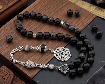 Black Agate gemstone 33 beads tasbih, Islamic Prayer Beads Misbaha from Turkey 125079