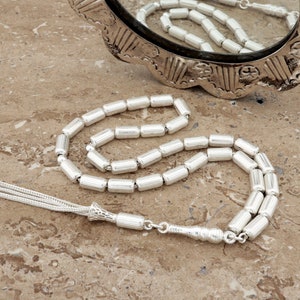 Cylinder 925 sterling silver 33 beads Islamic Prayer Bead Misbaha Tesbih Tasbih 501101 Tespih, pure silver gift for muslim, woman, man