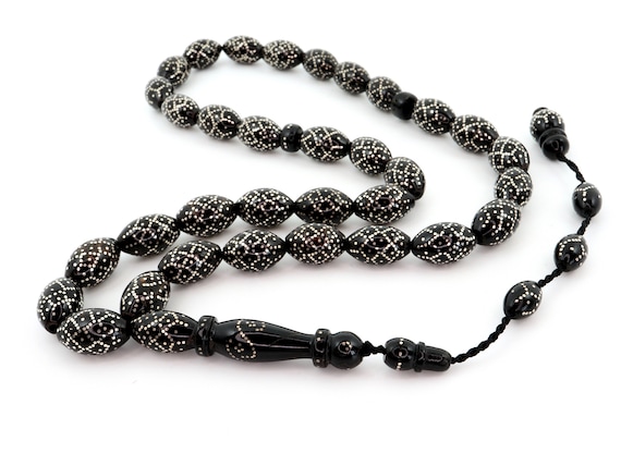 925 Silver Inlaid Yusuri, Yusr, Black Coral 33 Prayer Beads