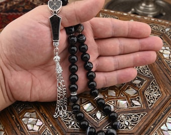 Big Black Agate gemstone 33 beads tasbih, Islamic Prayer Beads Misbaha 125090