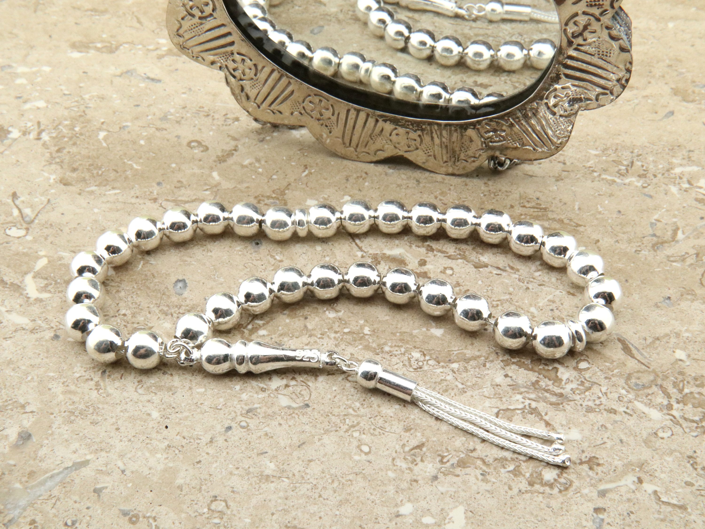 925 Sterling Silver 33 Beads Tasbih, Islamic Prayer Beads Misbaha