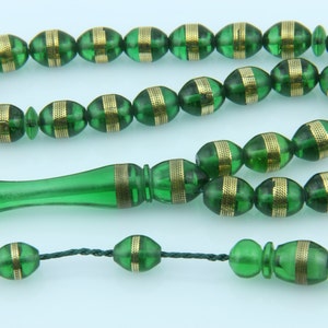 Brass inlaid Acrylic green 33pcs Islamic Prayer Beads Misbaha Rosary Tesbih TURKEY 402006