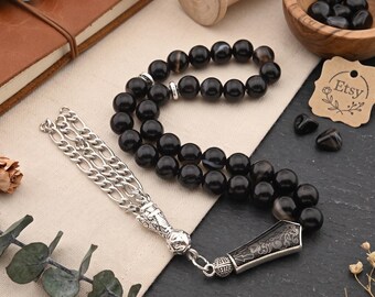 Black Agate gemstone 33 beads tasbih, Islamic Prayer Beads Misbaha from Turkey 125089