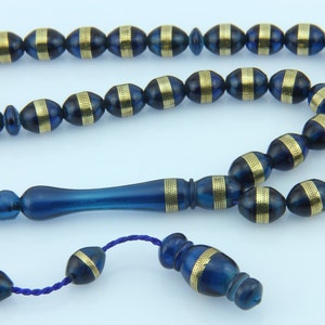 Brass inlaid Acrylic blue 33pcs Islamic Prayer Beads Misbaha Rosary Tesbih TURKEY 402007