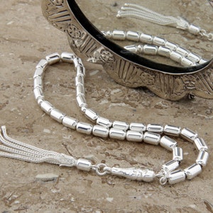 Cylinder 925 sterling silver 33 beads Islamic Prayer Bead Misbaha Tesbih Tasbih 501088 Tespih, pure silver gift for muslim, woman, man