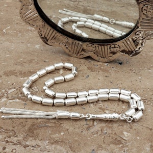 Cylinder 925 sterling silver 33 beads Islamic Prayer Bead Misbaha Tesbih Tasbih 501097 Tespih, pure silver gift for muslim, woman, man